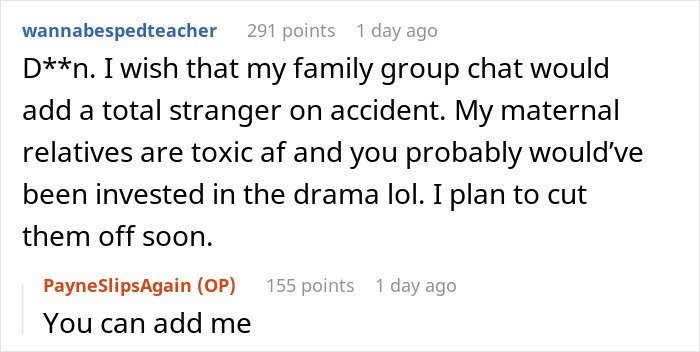 Screenshot of a Reddit conversation about a guy added to a random family group chat and becoming emotionally invested.