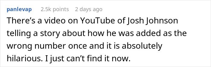 Screenshot of a Reddit comment describing a video about a guy added to a random family group chat and getting emotionally invested.