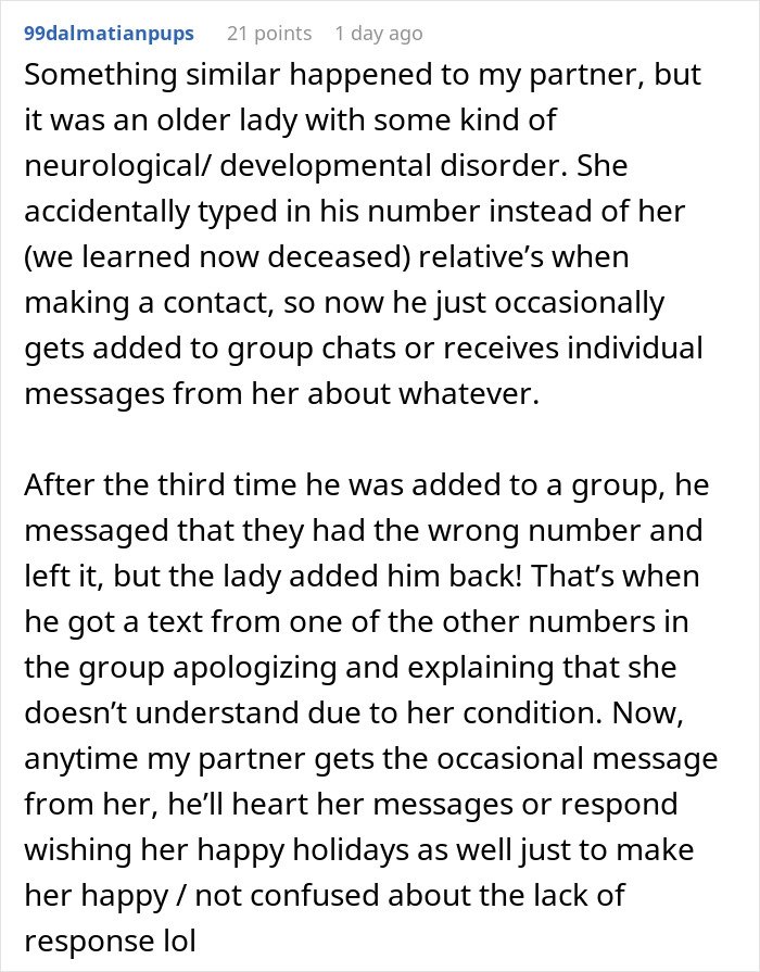 Text conversation describing a man added to random family group chats, becoming emotionally invested over months.