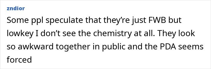 Text post discussing speculation about Timothée Chalamet and Kylie Jenner’s awkward public chemistry and forced PDA.