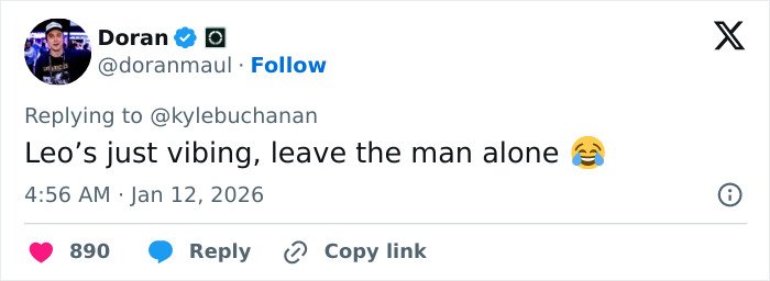 Screenshot of a tweet showing a user commenting on Leonardo DiCaprio's viral sassy Golden Globes exchange.