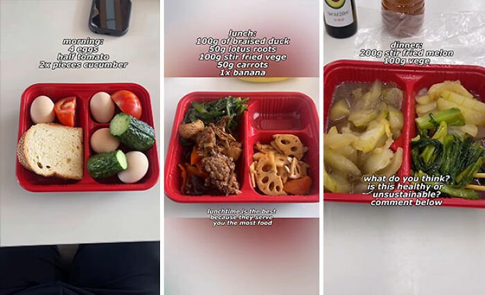 Prison meals showing small portions of vegetables, eggs, and fruit, highlighting conditions in a fat prison confinement.