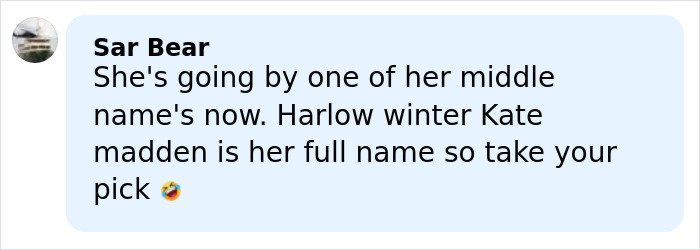 Comment discussing Nicole Richie's 18-year-old daughter now going by a new name including Harlow Winter Kate Madden.