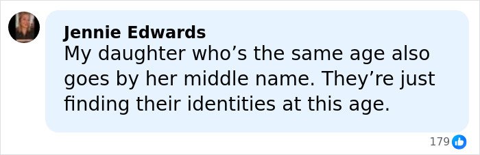 Comment from Jennie Edwards about daughters going by middle names and finding their identities at age 18, related to Nicole Richie’s daughter.