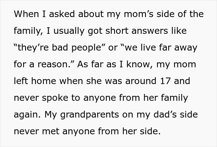 Text excerpt discussing a woman’s family history and strained relations on her mom’s side of the family.