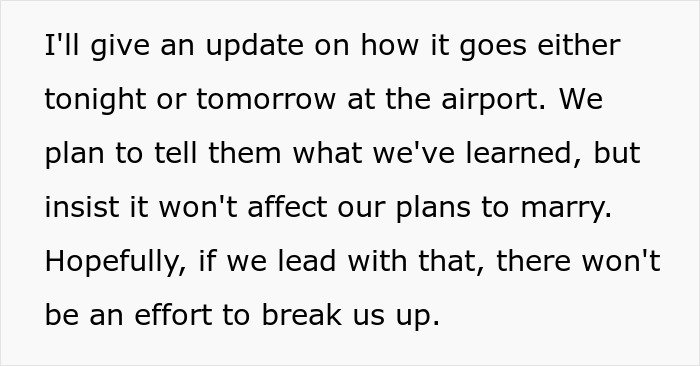 Text excerpt about a woman updating plans after discovering she’s engaged to her first cousin.