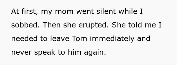 Text excerpt showing a woman’s mom urging her to leave Tom after discovering her engagement to her first cousin.