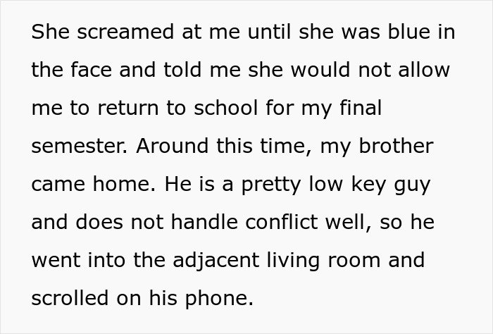 Text excerpt describing a woman’s conflict at home during her final semester, highlighting family tension and stress.