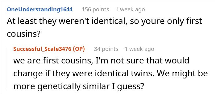 Screenshot of a Reddit conversation discussing discovery of being engaged to a first cousin after a family event.