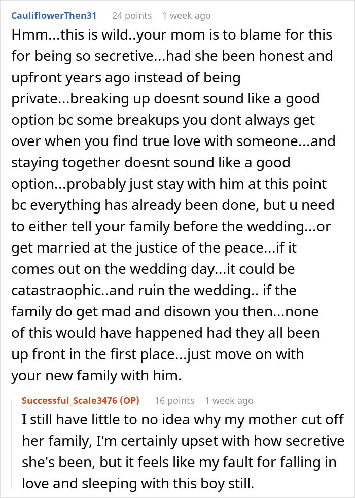 Reddit conversation discussing a woman discovering she’s engaged to her first cousin after a shocking family Christmas.