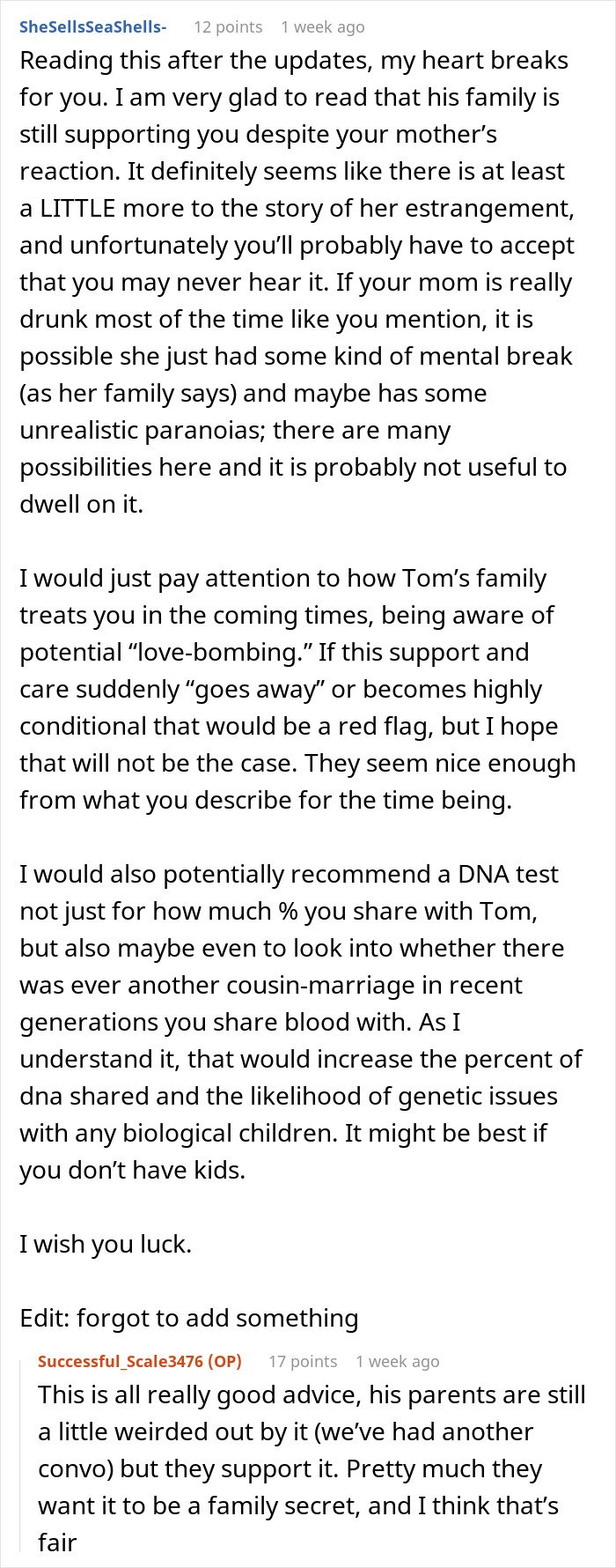 Screenshot of an online forum discussing a woman discovering she’s engaged to her first cousin during a family Christmas.