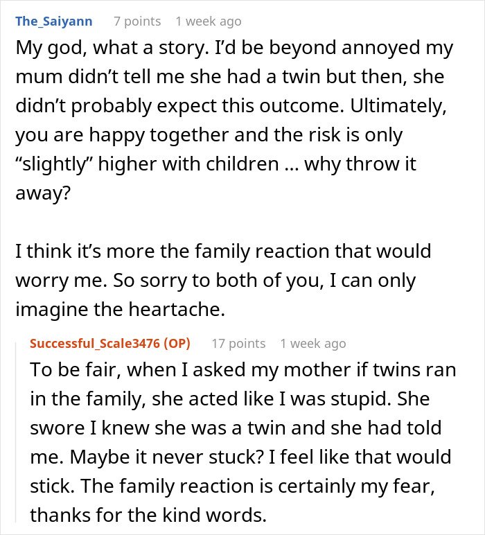 Comments on a woman's discovery she’s engaged to her first cousin and concerns about the family’s reaction.