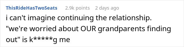 Screenshot of a user comment reacting to a story about a woman discovering she’s engaged to her first cousin.