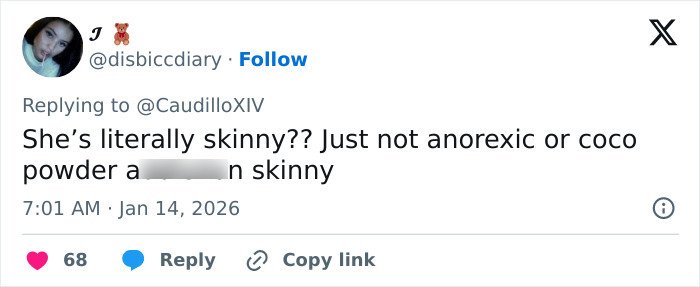 Tweet discussing perceptions of women's body size, referencing debate on being skinny and its societal implications.