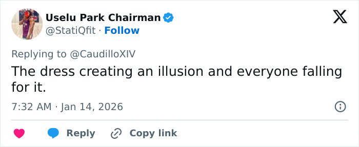 Tweet about a dress creating an illusion, shared by Uselu Park Chairman, commenting on fashion perception online.