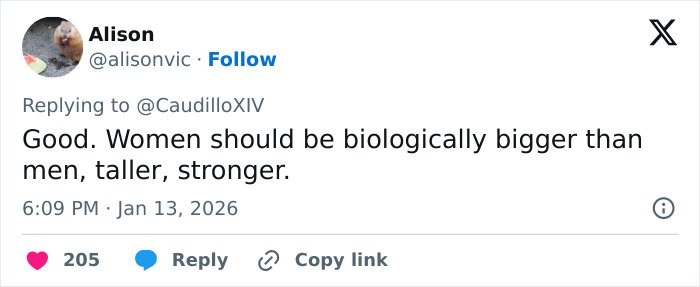 Social media comment supporting the idea that women are getting bigger, taller, and stronger than men.