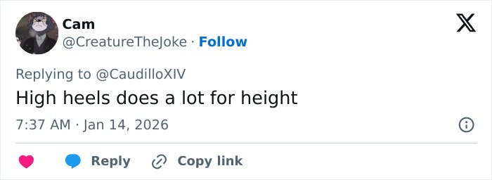 Tweet by user Cam commenting that high heels enhance height, relating to women getting bigger in stature.