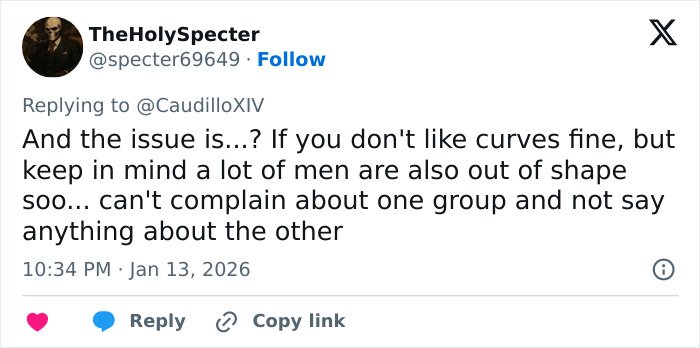 Tweet discussing body shapes and mentioning curves, highlighting a perspective on men and women’s physical fitness and size differences.