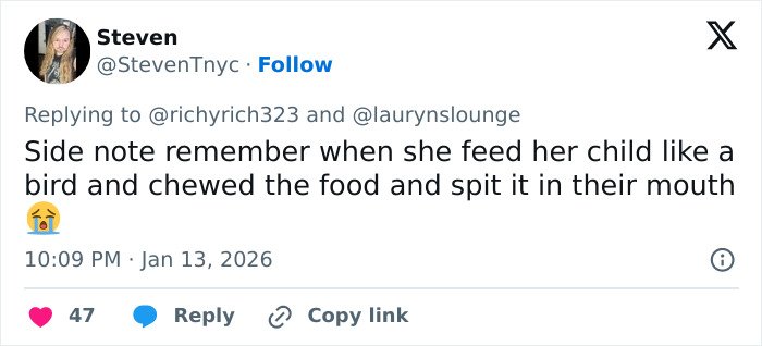 Tweet discussing Alicia Silverstone's past controversies, mentioning feeding her child in an unusual way.