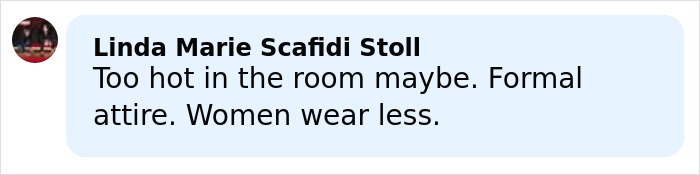Comment from Linda Marie Scafidi Stoll discussing formal attire and room temperature at an event related to Nick Jonas Golden Globes.