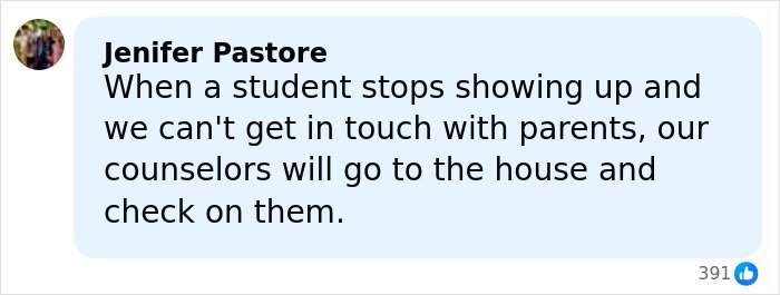 Facebook comment from Jenifer Pastore explaining counselors visit homes when students stop showing up and parents can’t be reached.