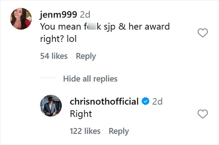 Screenshot of Instagram comment exchange showing a brutal remark by Chris Noth related to Sarah Jessica Parker award feud.