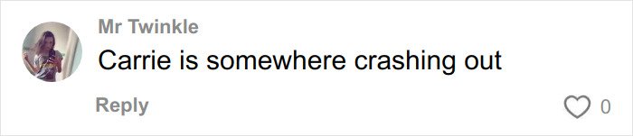 Comment on social media by user Mr Twinkle mentioning Carrie and relating to Sarah Jessica Parker feud with Chris Noth.