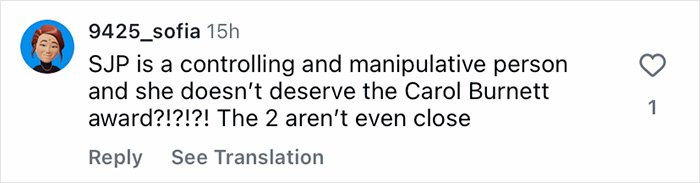 Screenshot of a social media comment calling Sarah Jessica Parker controlling and undeserving of her Carol Burnett award.