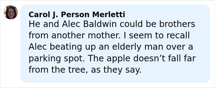 Facebook comment from Carol J. Person Merletti discussing Alec Baldwin and mentioning violent crime related to Kiefer Sutherland.