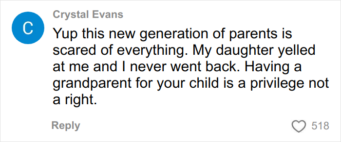 Comment by Crystal Evans discussing parents' fears and the privilege of grandparents for the baby and family interaction.