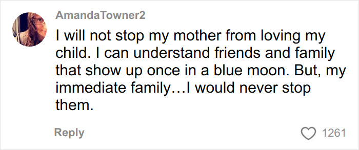Screenshot of a social media comment about family interaction related to a woman’s gentle reminder for grandma to not kiss her baby.