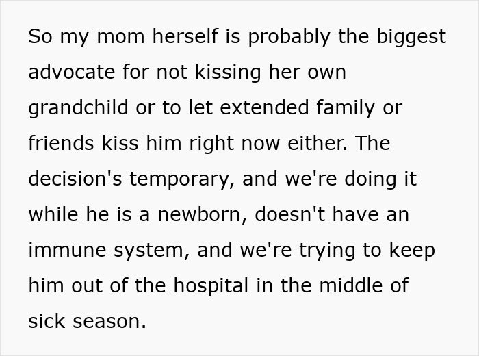 Text discussing a woman's gentle reminder for grandma to avoid kissing her newborn baby to protect the baby's health.