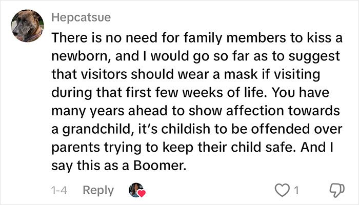 Comment on woman’s gentle reminder for grandma to not kiss her baby, emphasizing newborn safety and family boundaries.