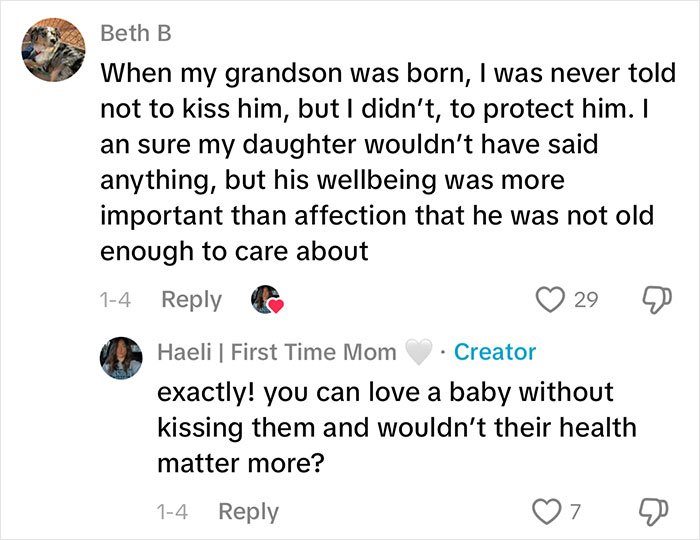 Comments discussing a woman’s gentle reminder for grandma to not kiss her baby to protect the baby's health.