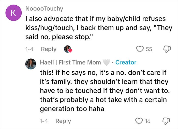 Comments discussing a woman’s gentle reminder for grandma to not kiss her baby and respecting the baby's boundaries.