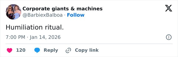 Tweet from Corporate giants & machines reading humiliation ritual with engagement icons, referencing Sydney Sweeney plays adult star context.