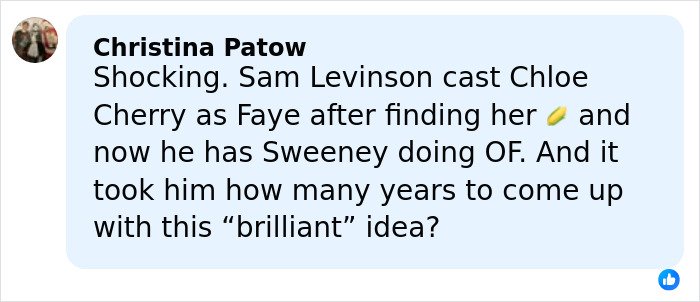 Comment about Sydney Sweeney playing an adult star, questioning her role beyond taking off clothes.
