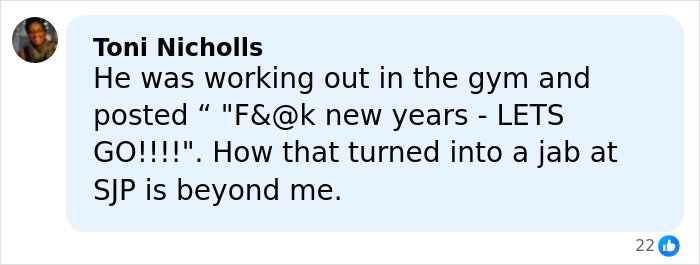 ALT text: Comment discussing Chris Noth’s gym post that sparked fan backlash over a dig at Sarah Jessica Parker.