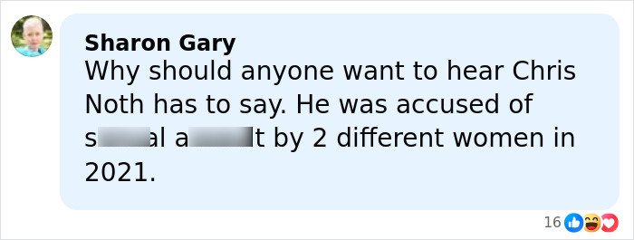 Screenshot of a social media comment criticizing Chris Noth amid backlash over his dig at Sarah Jessica Parker.