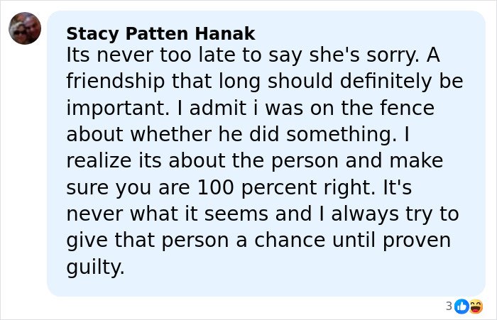 Comment from Stacy Patten Hanak about forgiveness and giving a chance, related to Chris Noth breaking silence after fan backlash.