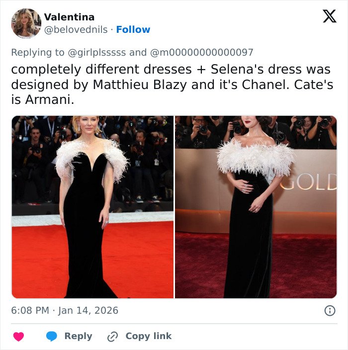 Selena Gomez in black feathered dress at red carpet amid plagiarism claims of Arab influencer’s look.