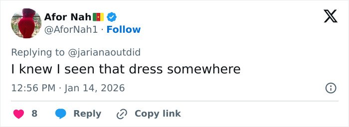 Screenshot of a social media comment mentioning a dress, related to Selena Gomez plagiarizing Arab influencer’s look at the Golden Globes.