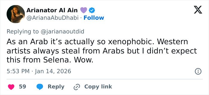 Tweet from Arab influencer accusing Selena Gomez of plagiarizing Arab look, discussing cultural appropriation controversy.
