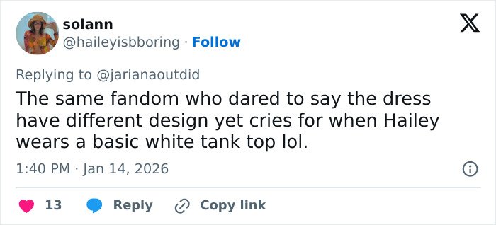 Twitter user commenting on fandom reactions, mentioning basic white tank top and dress design debates related to Selena Gomez look plagiarism.