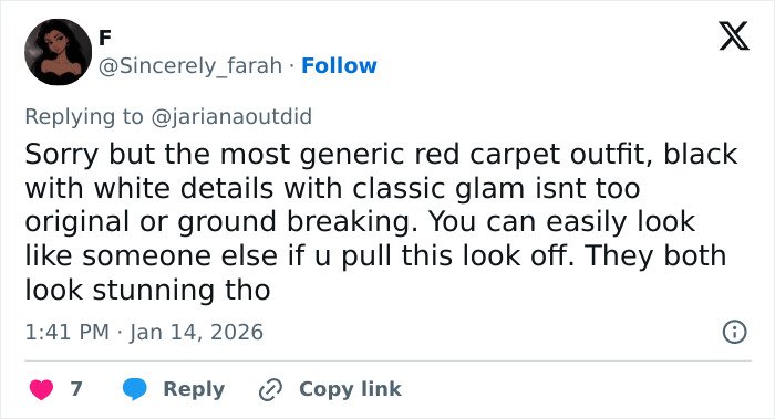 Tweet about Selena Gomez accused of plagiarizing Arab influencer’s look, discussing red carpet outfit originality and style.