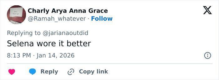 Twitter comment saying Selena wore it better, responding to a post about Selena Gomez accused of plagiarizing an Arab influencer’s look.