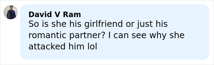 Commenter David V Ram discussing a jealous girlfriend accused of throwing a 25-pound weight during a gym fight.