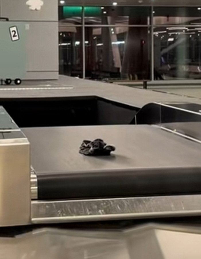 Underwear appears one by one on baggage claim carousel at airport, causing a viral passenger moment.
