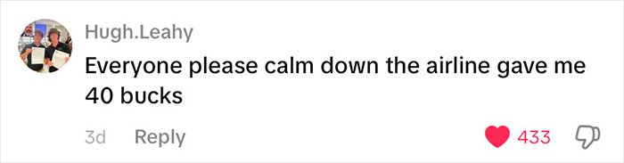 Screenshot of a social media comment where a passenger humorously asks others to calm down after the airline gave him 40 dollars.