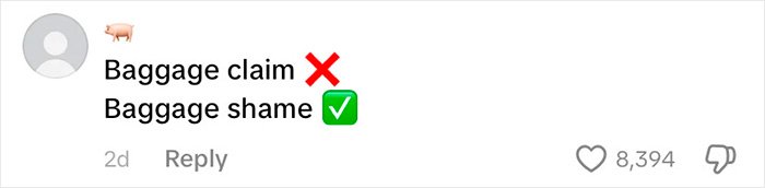 Comment highlighting baggage claim and baggage shame with red and green symbols, referencing passenger underwear going viral.